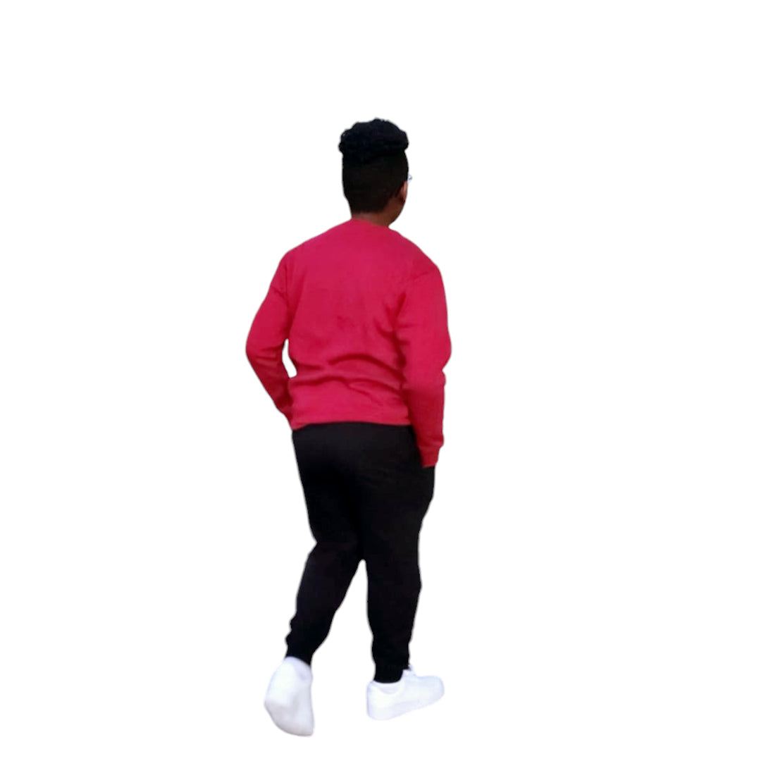 Prayer Works Speak Life Inspirational Crewneck in red, modeled from the back, highlighting its unisex fit and positive message appeal.