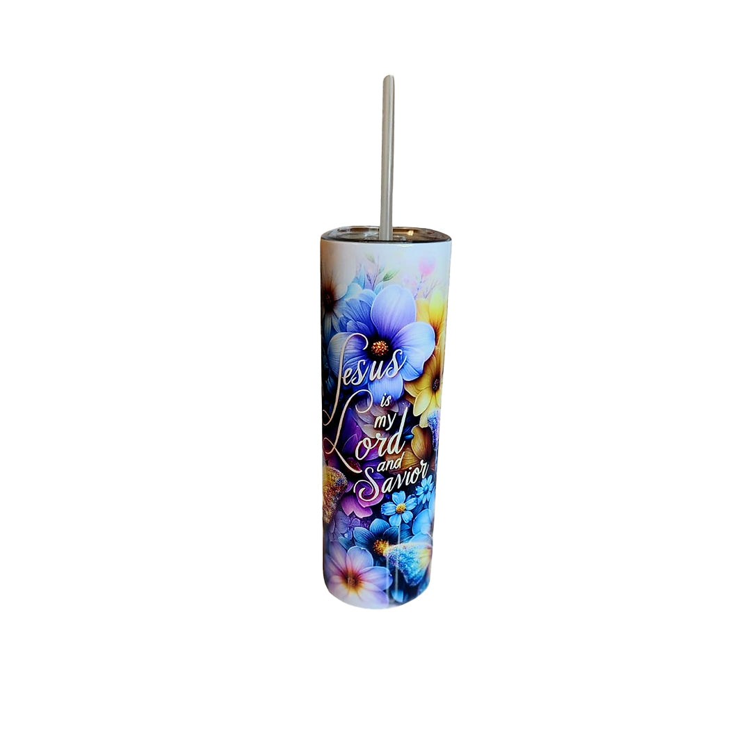 Tumbler with floral design, stainless steel, for hot and cold beverages, spill-resistant lid.