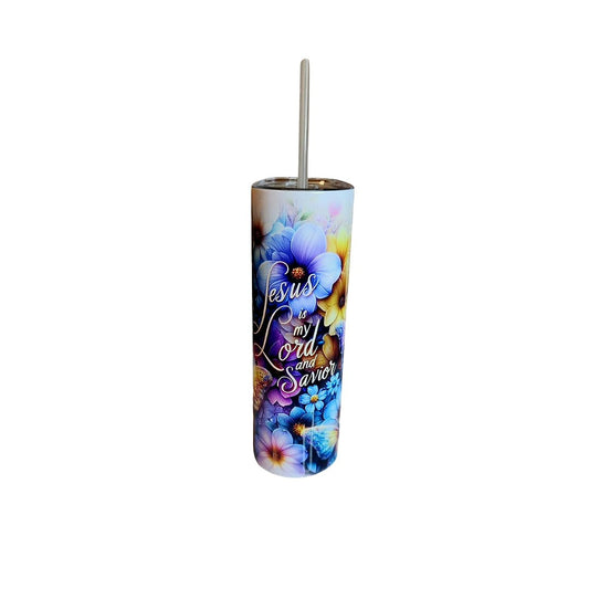 Tumbler with floral design, stainless steel, for hot and cold beverages, spill-resistant lid.