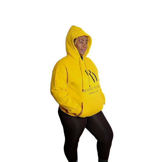 Prayer Work Speak Life Inspirational Unisex Hoodie in yellow worn by a person.