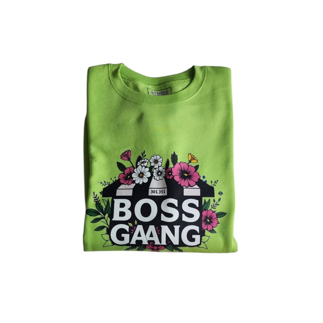 Boss Gang Comfy Unisex Crewneck in green with floral design.