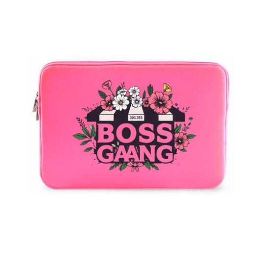Pink Boss Gang Laptop Sleeve with floral design, water-resistant material, padded interior, and secure zipper closure.