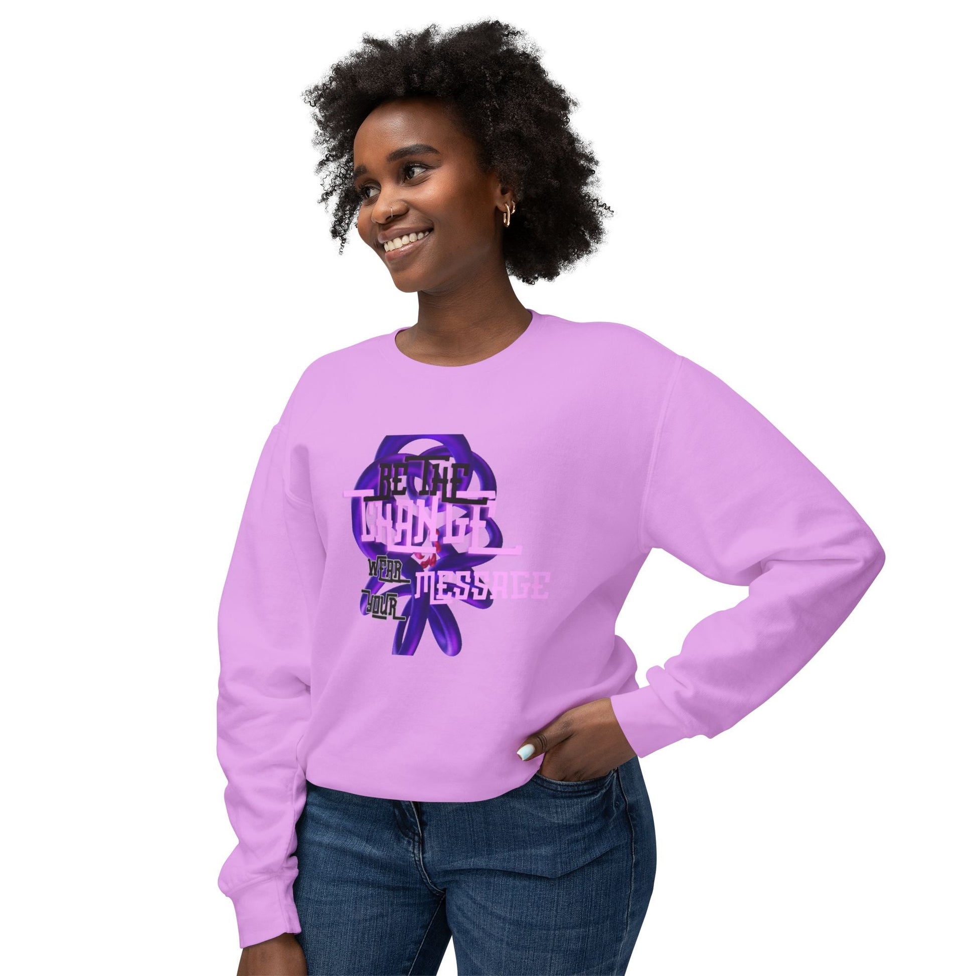 Woman wearing a purple "BE THE CHANGE WEAR YOUR STORY" sweater shirt.