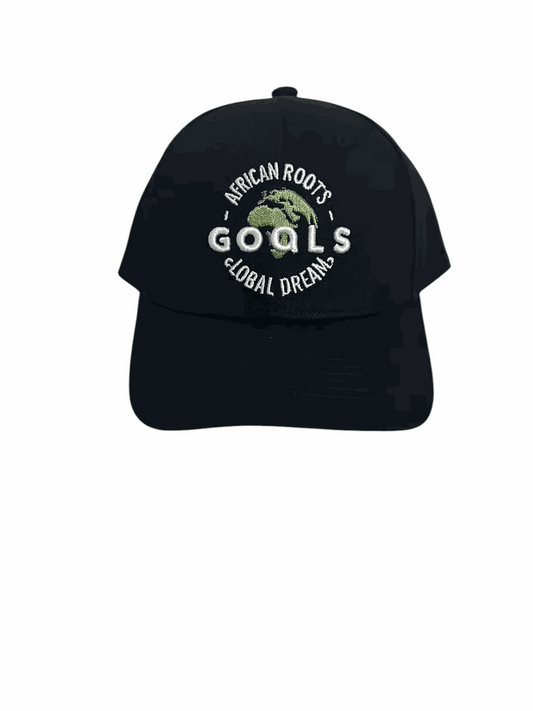 Satin Linen Hat - stylish black cap with "African Roots Global Dreams" text.