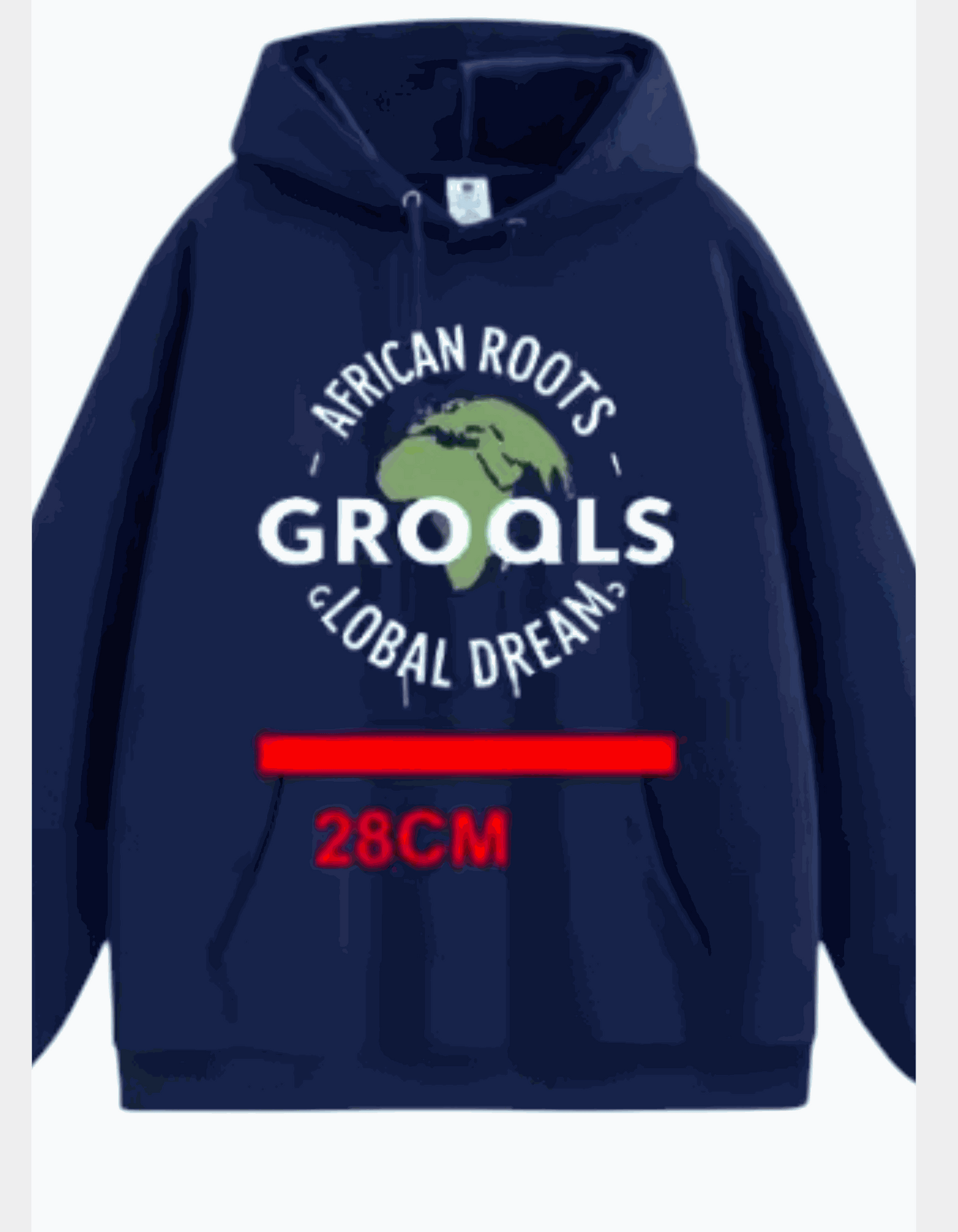 African Roots Global Dreams Hoodie featuring a cultural design on a navy blue background.