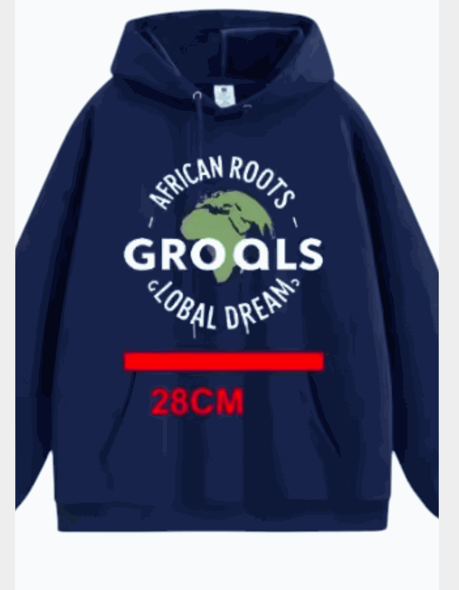 African Roots Global Dreams Hoodie featuring a cultural design on a navy blue background.