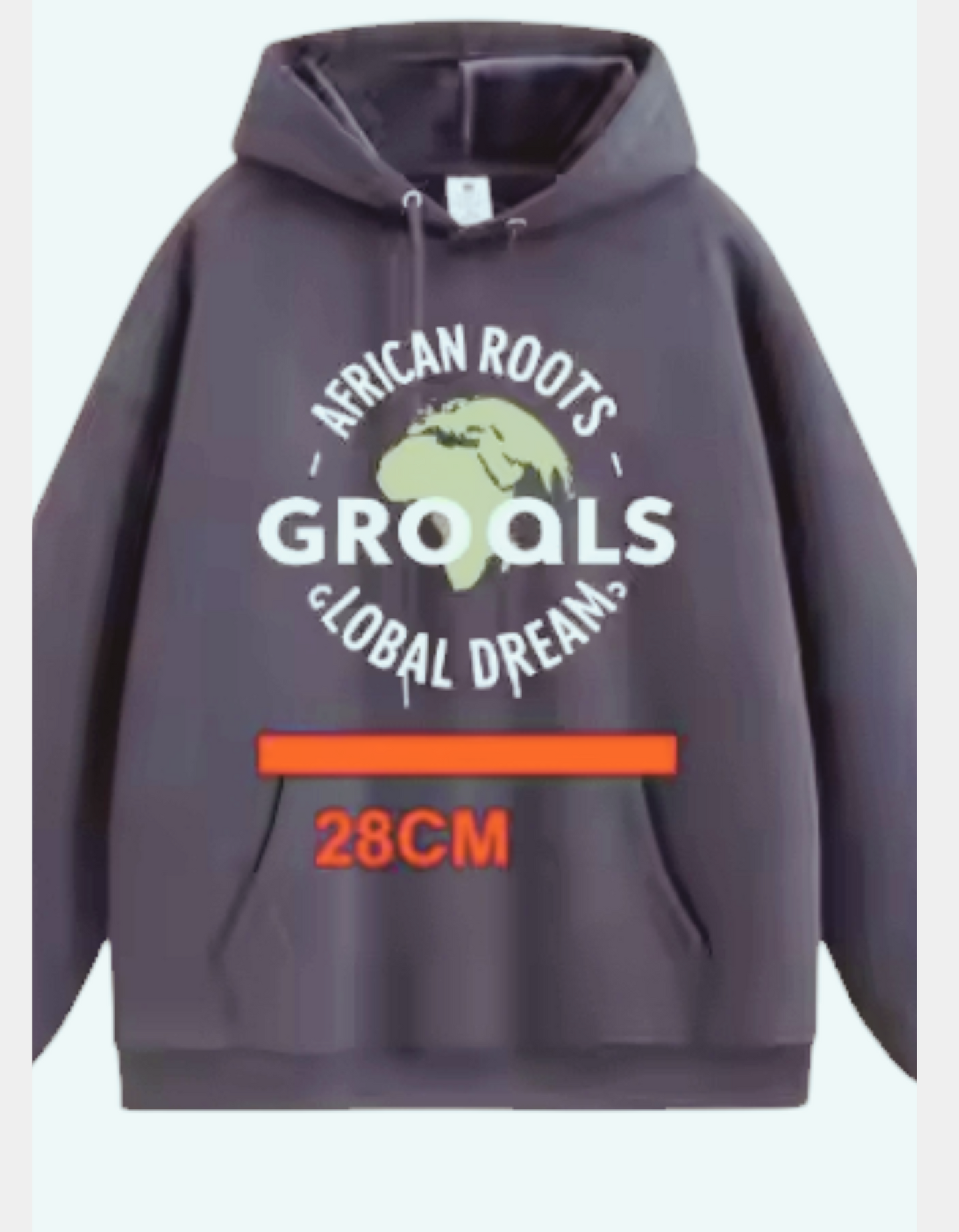 African Roots Global Dreams Hoodie with cultural design and slogan.