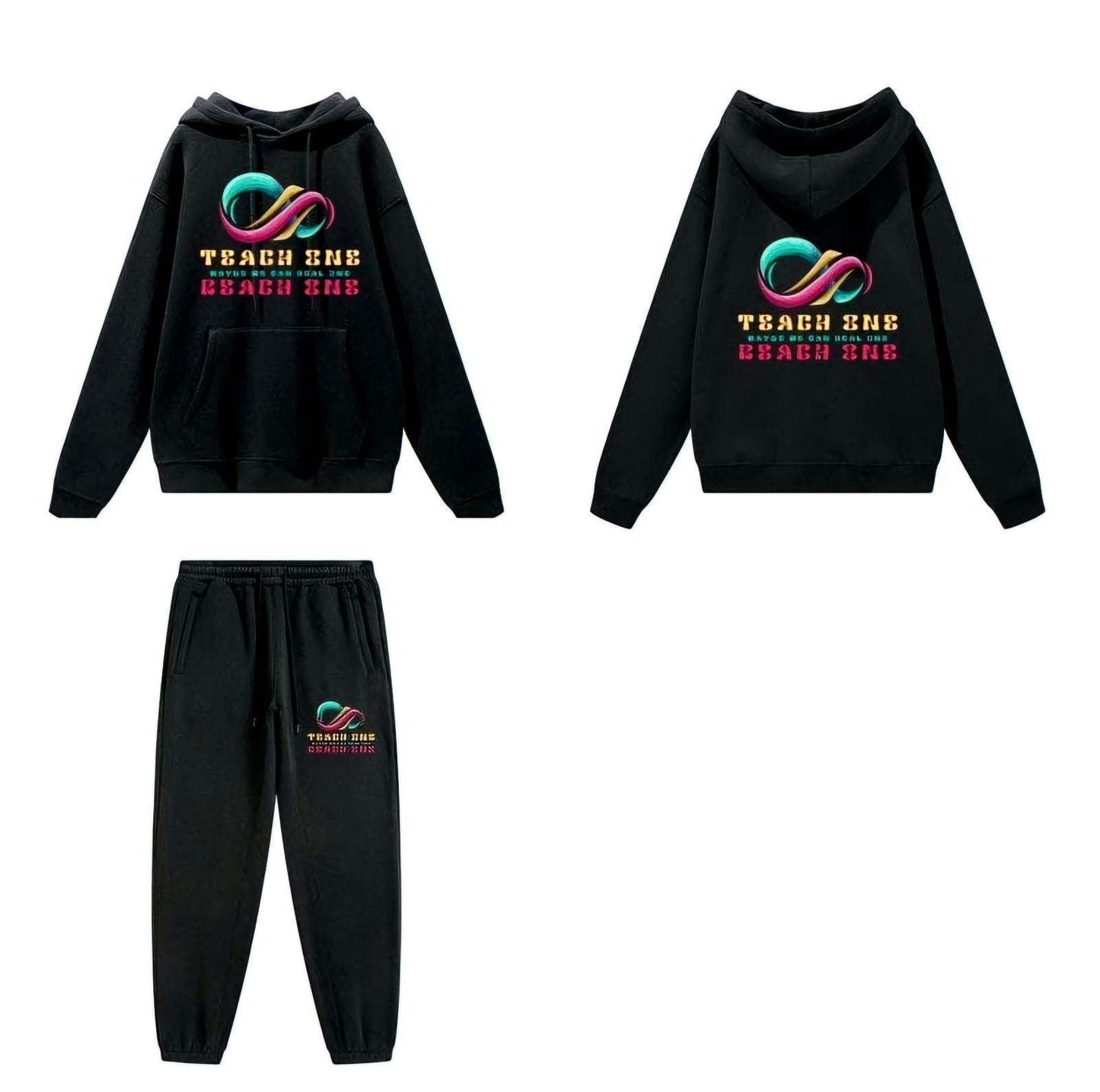 Teach One Reach One Unisex Comfy Hoodies Sets in black with colorful logo design, featuring hoodie and sweatpants, highlighting comfort and style.