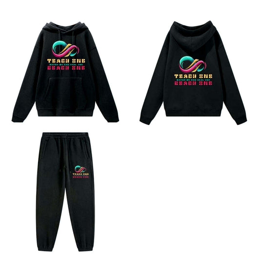 Teach One Reach One Unisex Comfy Hoodies Sets in black with colorful logo design, featuring hoodie and sweatpants, highlighting comfort and style.