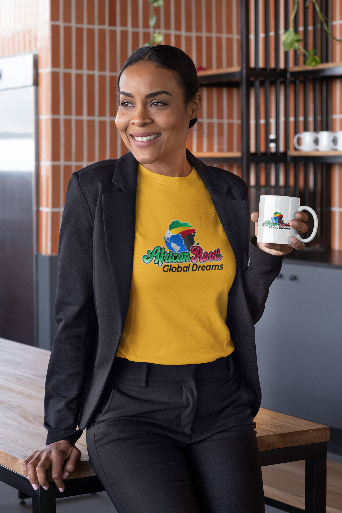 African Roots Global Dreams T-shirt with bold design, emphasizing cultural pride and ambition.