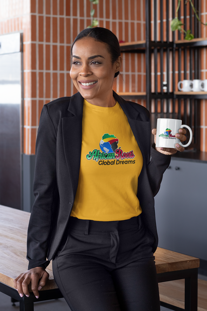 African Roots Global Dreams T-shirt with bold design, emphasizing cultural pride and ambition.