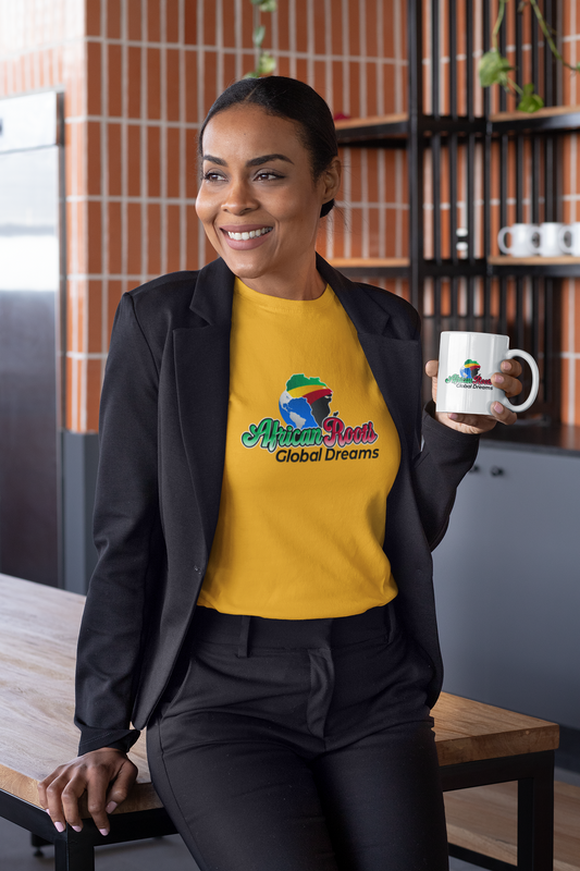 African Roots Global Dreams T-shirt with bold design, emphasizing cultural pride and ambition.